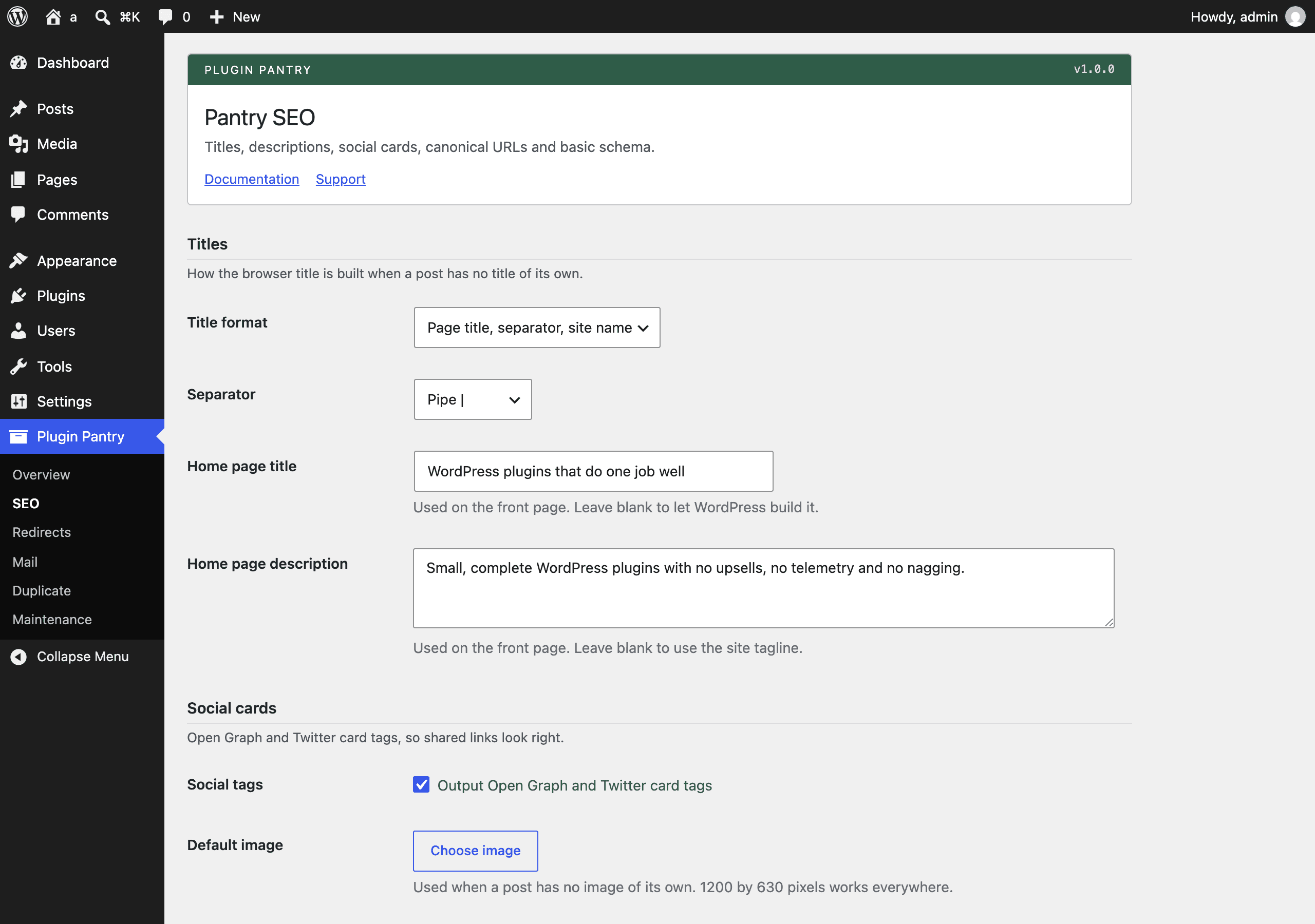 The Pantry SEO settings screen in the WordPress admin: one page of plain fields, no upsells.